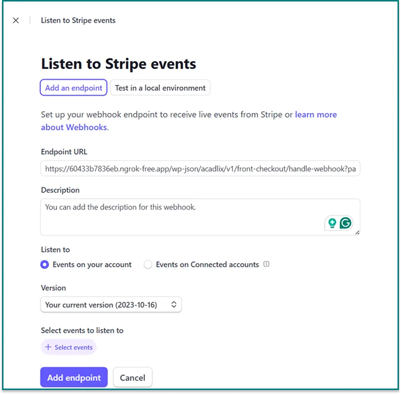 Acadlix webhook url for stripe