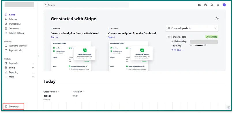 Navigate to stripe developer