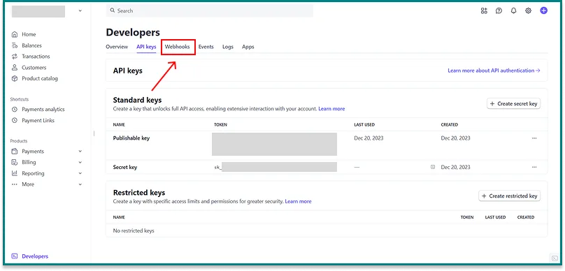 Navigate to the webhook stripe