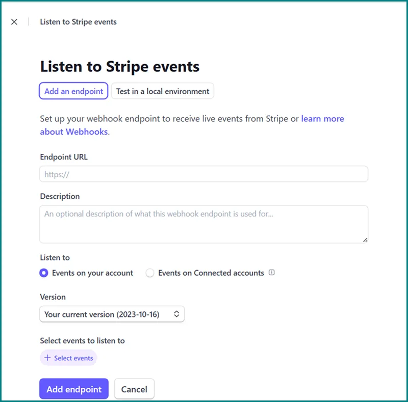 Stripe webhook create page