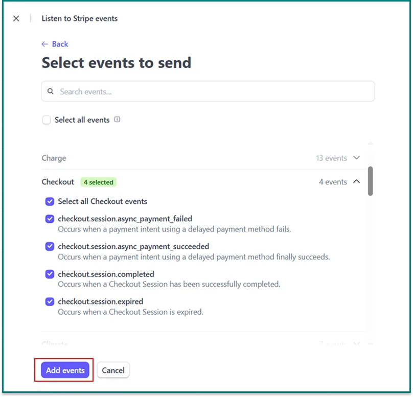 Stripe webhook events to send
