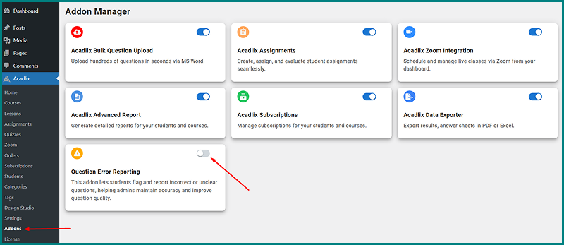 Acadlix Addon manager - Question reporting