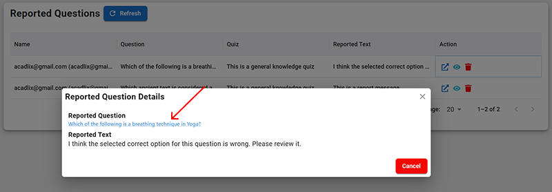 Acadlix question report navigation to the question 2