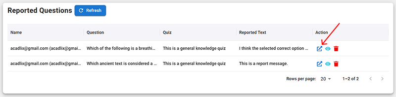Acadlix question report navigation to the question