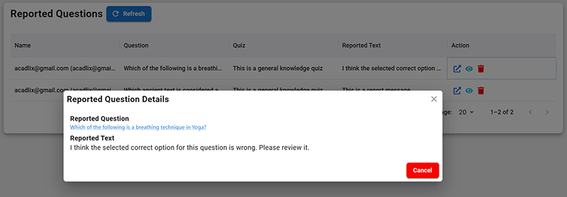 Acadlix - view reported question message