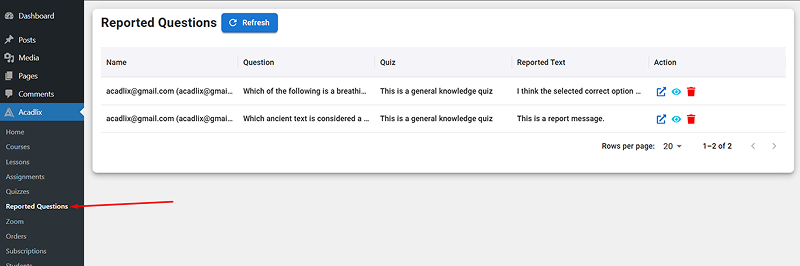 reported questions feature in acadlix