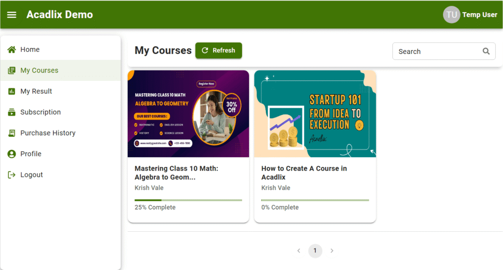 Acadlix LMS student dashboard