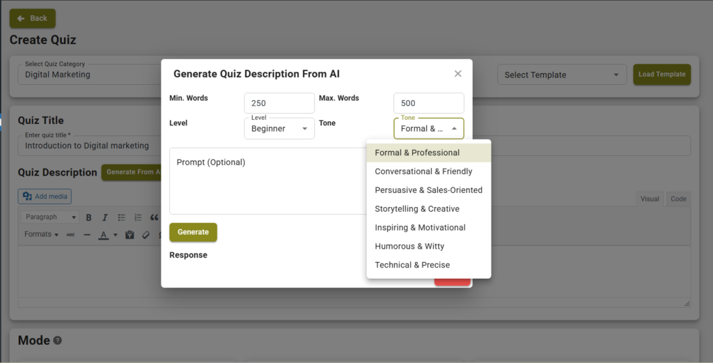 AI Quiz description Generator -AI Tone