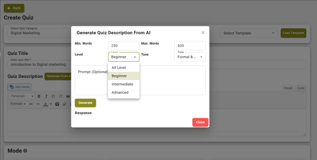 AI Quiz description Generator - Level