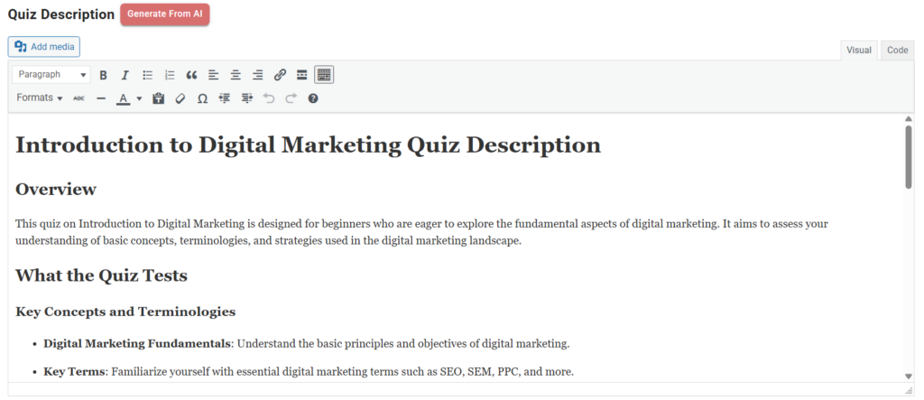 AI quiz description added in the description field