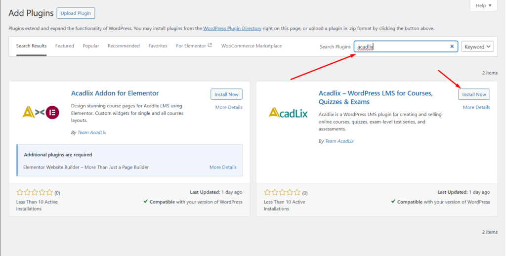 Acadlix Install from Wordpress Plugin repo