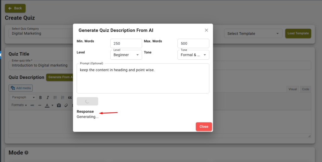 Generating AI quiz description