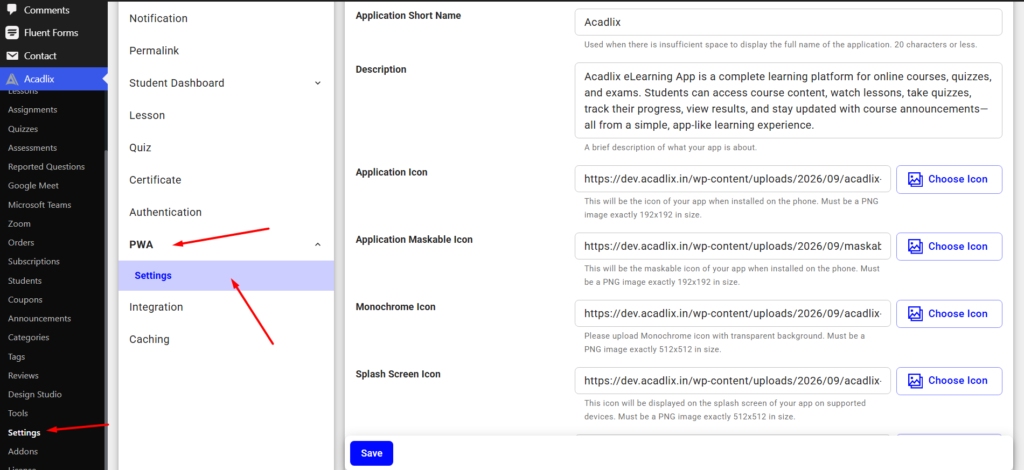 Acadlix PWA settings
