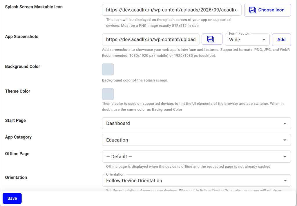 Acadlix Progressive web app settings 2